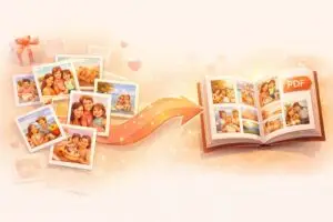 Collection of family photos being transformed into beautiful digital photo album PDF keepsake