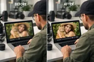 Before and after comparison showing how to enhance blurry photos online with sharpening tools