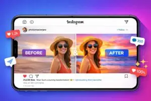 Enhance photos for social media showing before and after comparison on Instagram feed