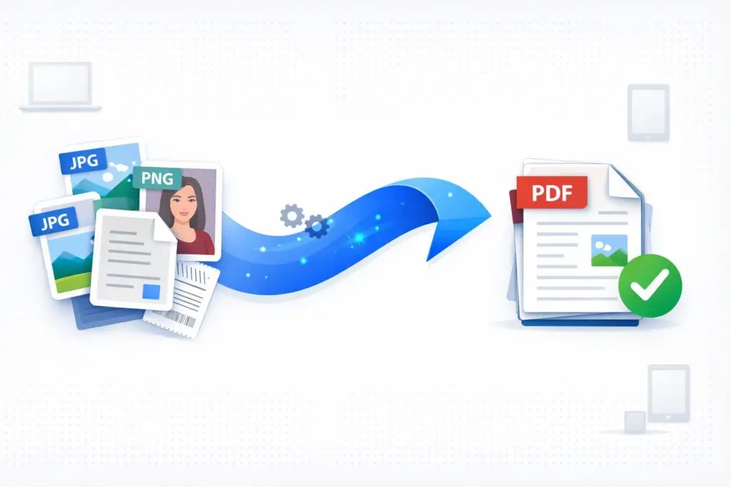 Step-by-step visual guide showing how to convert multiple JPG and PNG images into a single organized PDF document on any device