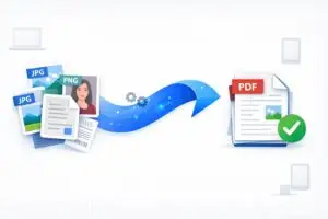 Step-by-step visual guide showing how to convert multiple JPG and PNG images into a single organized PDF document on any device