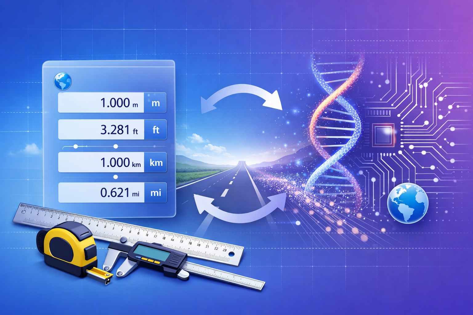 Free length converter tool showing meters to feet and kilometers to miles conversion