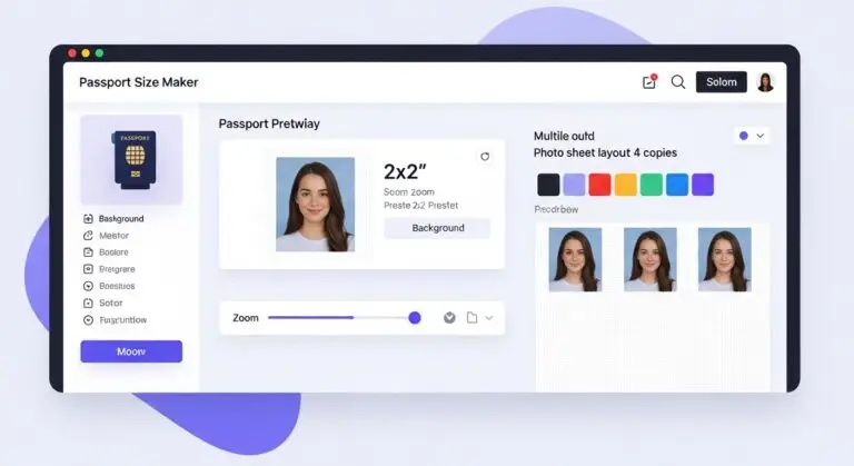 Passport size photo maker online tool showing 2x2 preset, background color options and multiple photo sheet preview