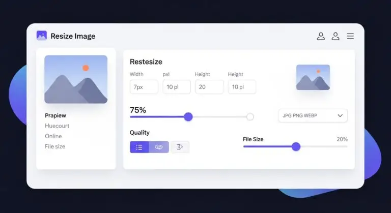 Resize image online free tool showing pixel dimension inputs, percentage slider, and file size preview comparison