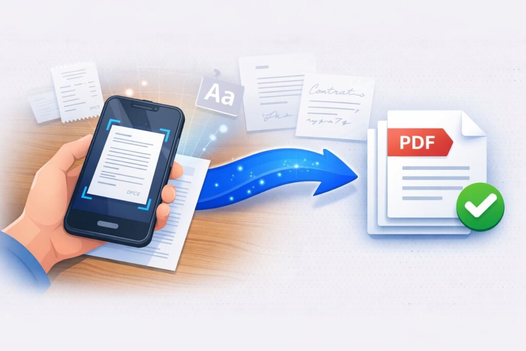 Smartphone scanning paper document to create digital PDF file with automatic edge detection