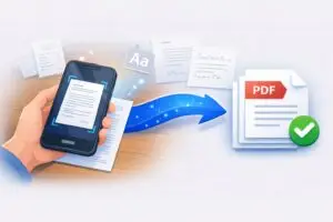 Smartphone scanning paper document to create digital PDF file with automatic edge detection