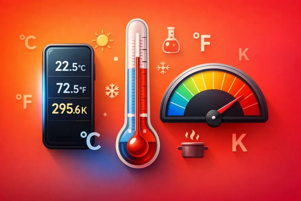 Free temperature converter tool showing Celsius to Fahrenheit and Kelvin conversion